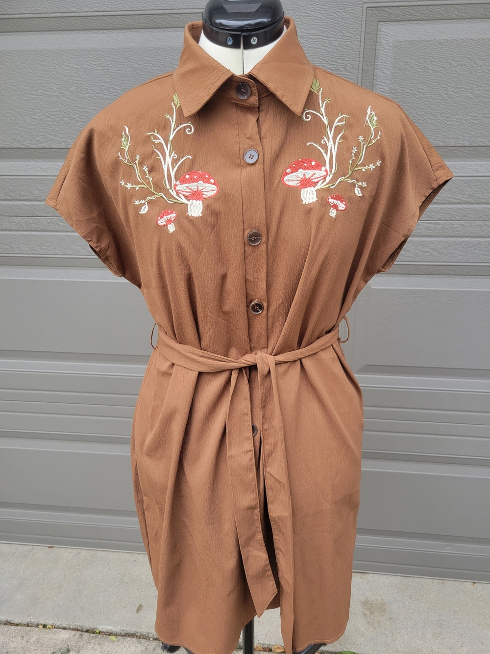 Brown Button-Front Dress with Embroidered Red Mushroom Detail